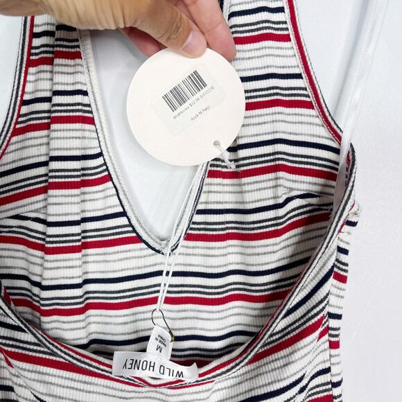New Wild Honey M White Red Black Striped Halter Ribbed Low Back Bodysuit Cotton - Picture 8 of 11